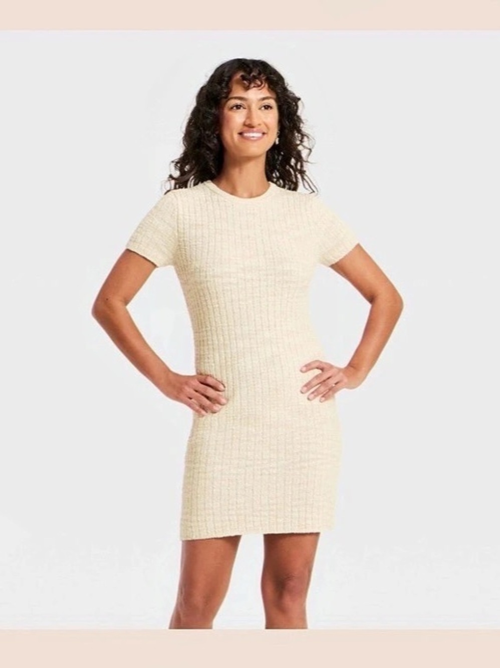 Universal Thread Short Sleeve Rib Mini Sweater Dress Cream Medium